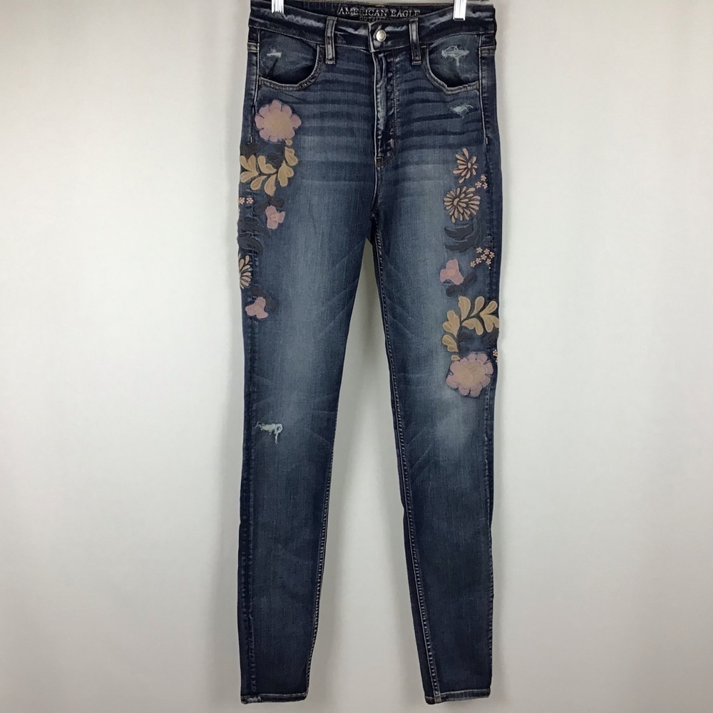 American Eagle Outfitters Embroidered Super Hi-Rise Jegging Distressed Jeans
